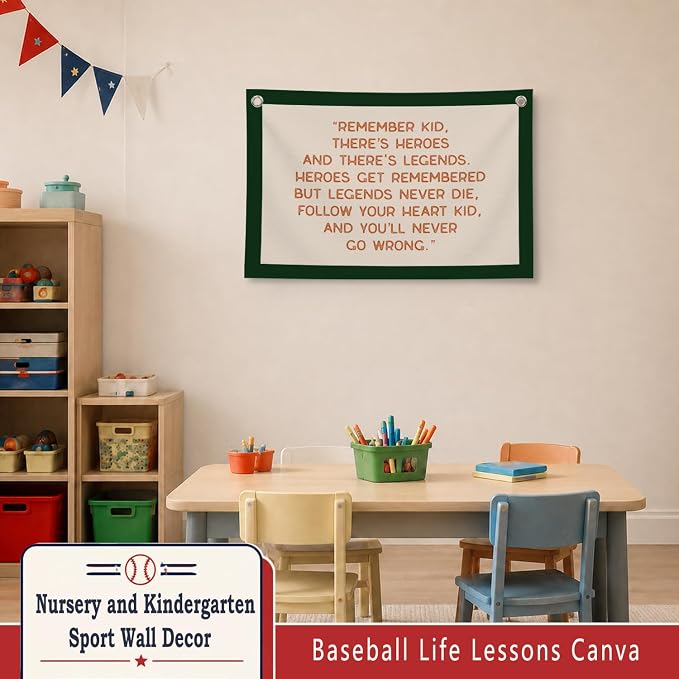 Vintage Baseball Wall Decor for Boys Room, Inspirational Sports Quote Canvas Banner, Retro Baseball Nursery Wall Art for Bedroom Playroom,Baby Shower Gifts,30x20 Inch(White and Green)