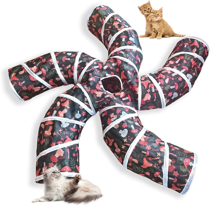 EGETOTA Cat Tunnel for Indoor Cats Large, with Play Ball S-Shape 5 Way Collapsible Interactive Peek Hole Pet Tube Toys, Puppy, Kitty, Kitten, Rabbit (S5 - Mushroom)