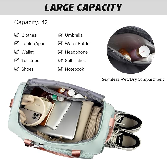 Eslcorri Gym Duffle Bag for Women Men, Sports Backpack with Wet & Shoe Compartment, Fitness Overnight Weekender Bag for Yoga, Swim, Travel (B, Light Blue)