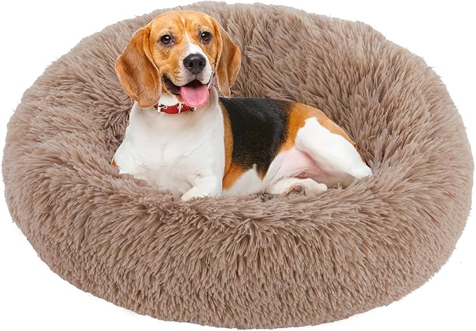 DUMOS 30.7 Inch Large Donut Dog Bed for Indoor Use, Fluffy Faux Fur Plush | Warming Cozy Round Pet Bed, Machine Washable Cuddler, Anti-Slip Bed for Dogs and Cats, Brown