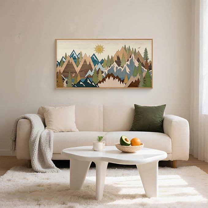 FWIEXA Large Mountain Woodcut Style Canvas Wall Art, Sunrise Pine Tree Wall Decor, Forest Animal Painting, Nature Wilderness Lake Landscape, 20x40In Rustic Artwork for Living Room, Bedroom, Bathroom