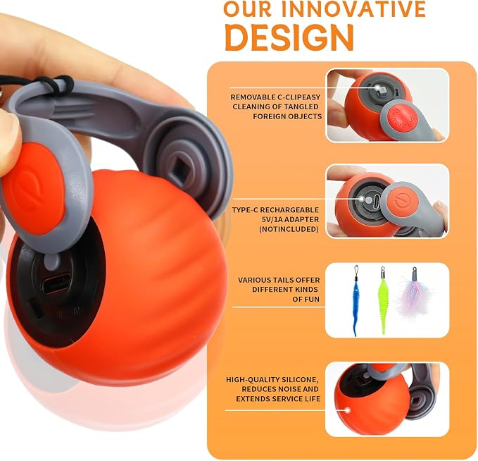 Interactive Cat Toy Ball - Automatic Moving Cat Ball for Indoor Cats with 3 Tails, Rechargeable Silent Kitten Toy for Boredom & Exercise, Rolling Ball Toy with 2 Modes & 2 Speeds.