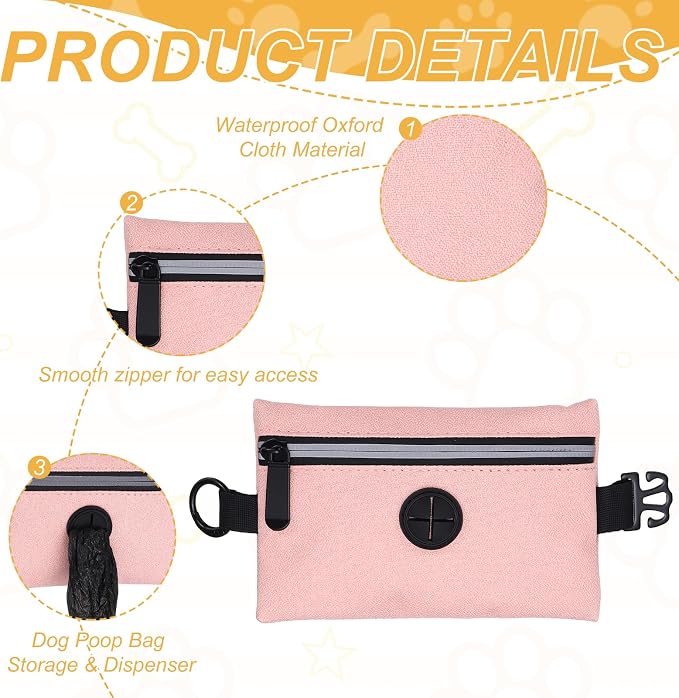 Dog Poop Bag Holder, Pet Waste Bag Dispenser Dog Treat Pouch with Zipper Oxford Cloth Portable Reusable Easy Cleanup(2Pcs, Black/Pink), Intended for Outdoor/Travel/Walking