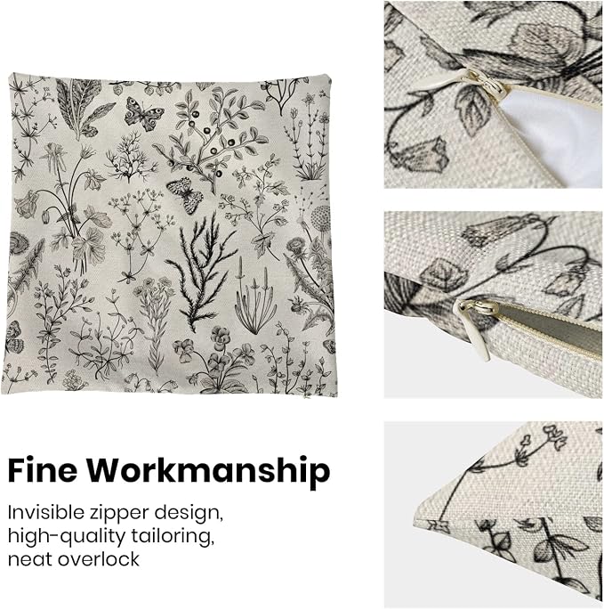 AEIOAE Spring Pillow Covers 18x18 Inch Set of 2,Black Gray Wild Flower Plant Throw Pillows Case,Seasonal Floral Outdoor Decorative Square Linen Farmhouse Decor Cushion Covers for Home Sofa Bed Couch