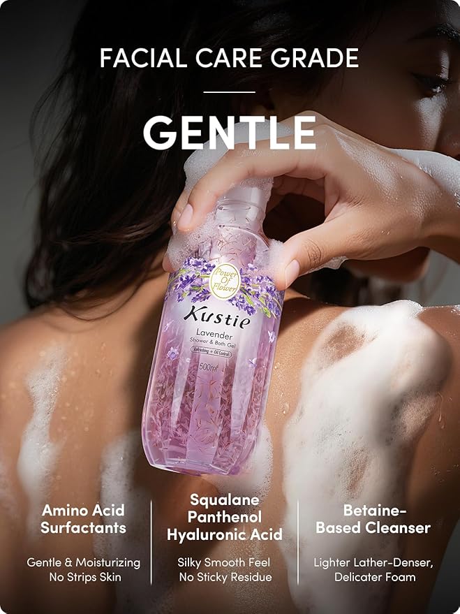 Kustie Lavender Petal Body Wash – With 450 Real Provence Petals, Tea Tree Oil, Squalane & Hyaluronic Acid | Acne-Fighting, Calming & Hydrating Cleanser | Vegan, Sulfate-Free | 16.9 Fl Oz