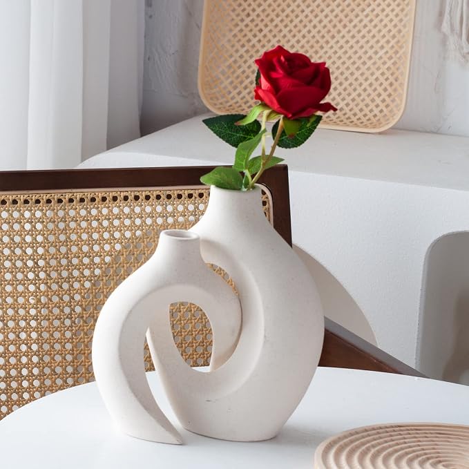 Hollow Ceramic Vase Set of 2, Modern Nordic Minimalist Book Style Boho Aesthetic Vases for Home Decor Living Room Shelf Entryway Coffee Centerpiece Table Decorative (Cream White)