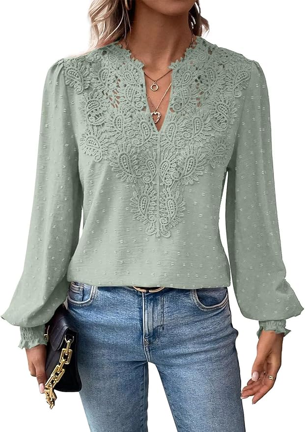Womens Tops Swiss Dot Boho Long Sleeve Shirts V Neck Casual Chiffon Blouses Flowy Lace Hem Cute Clothing Trendy 2026