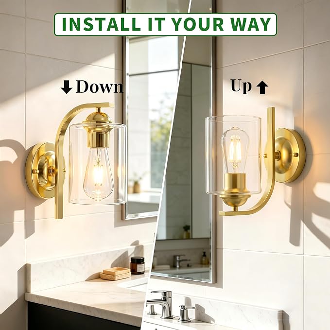 Wall Sconces Lights Lamp for Bedroom Bathroom, Modern Vanity Light Fixtures, Gold Farmhouse Wall Mount Lighting Lanterns with Clear Glass Shade for Living Room Mirror Hallway Kitchen