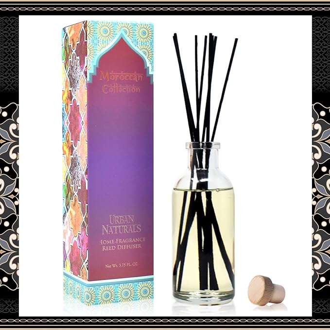 Urban Naturals Moroccan Amber Essential Oil Reed Diffuser Gift Set | Golden Silk Amber, Sun-Kissed Citron, Raw Coconut & Acai | Great Home Fragrance Gift Idea