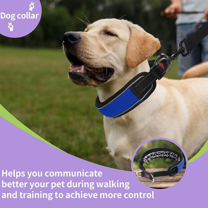 Martingale No Pull Dog Collar for Large Medium Dogs Training Walking, Heavy Duty Nylon Reflective Adjustable Anti Pull Slip Collar with Buckle S Blue