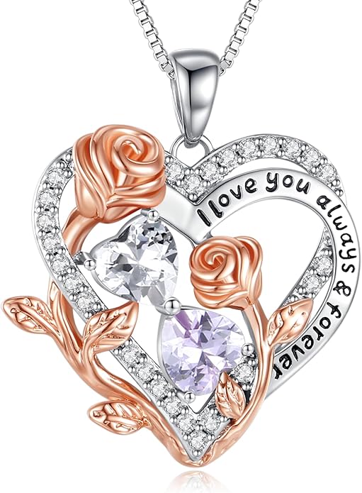 I Love You Birthstone Necklace, 925 Sterling Silver Heart Pendant with CZ Diamond Stones, Birthday Gifts for Women, Romantic Gift for Wife, Girlfriend, Her, Anniversary, Valentine's Day, Christmas