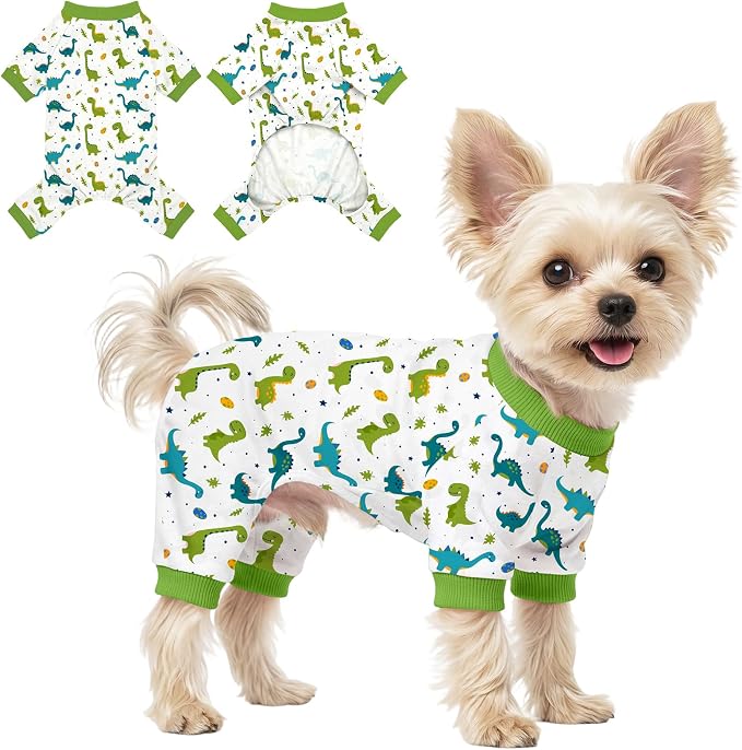 Dog Pajamas for Small Medium Dogs Pjs Green Dinosaurs Dog Onesie Breathable Puppy Pj Pet Stretchy Soft Sleepwear for Spring Summer Costume-S