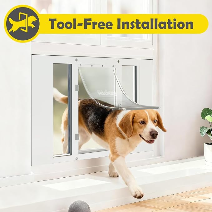 Dog Door for Window, Aluminum Frame Window Pet Door, Adjustable to Fit 27"-32" Width Sliding Windows, Magnetic Closure, Fits Dogs up to 100lb, Large