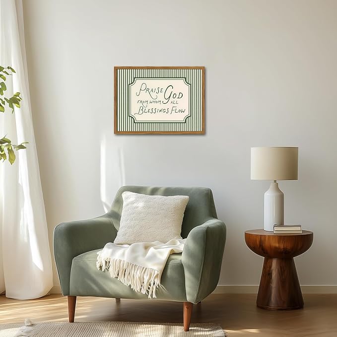 Framed Christian Scripture Wall Art, Bible Verse Pictures Wall Decor, Sage Green Striped Praise God From Whom All Blessings Flow Paintings Canvas Prints Religious Home Decor for Living Room 16x24 inch