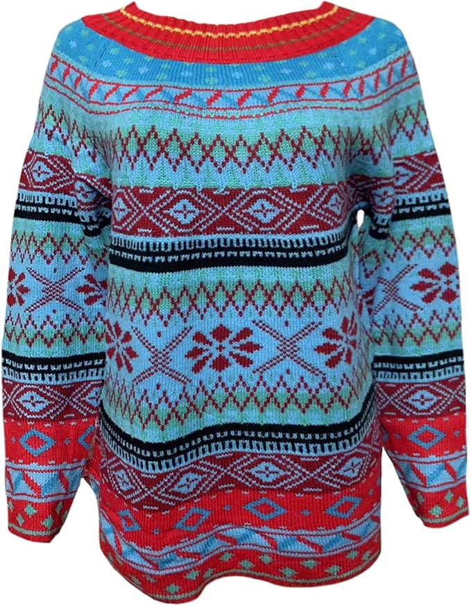 Zhyaj Fair Isle Sweater for Womens Winter Long Sleeve Vintage Knitted Sweater Casual Fall Crew Neck Pullover Sweaters
