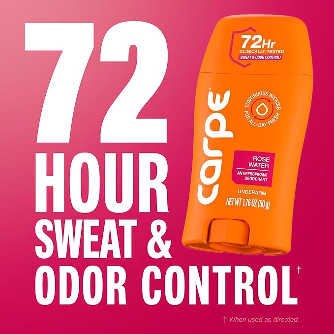 Carpe Underarm Antiperspirant for Women - 72 Hour Sweat & Odor Control - Women's Sweat Control Antiperspirant Deodorant - Extra Strength - Rose Water - 3 Pack