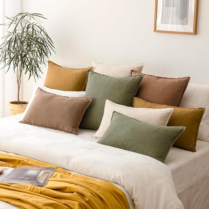 Foindtower Pack of 2, Decorative Linen Solid Throw Pillow Covers Soft Accent Cushion Case Farmhouse Neutral Pillowcase for Chair Couch Sofa Bedroom Living Room Home Decor 16x16 Inch Olive Branch Green