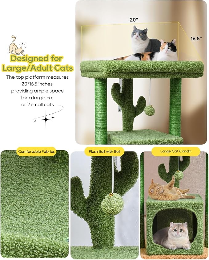 SYANDLVY 27" Cactus Cat Tree for Indoor Cats, Green Modern Activity Tower | Scratching Posts, Kitten Condo with Plush Perch & Hanging Ball for Play