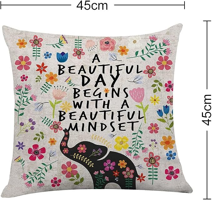 Littlefa Elephant Throw Pillow Cover Motivational Decorative Pillow Case | A Beautiful Day Begins with A Beautiful Mindset, Elephant Colorful Pillow Cover for Girls Counseling Office, 18×18 In