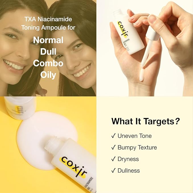 Coxir TXA Niacinamide Toning Ampoule –Tranexamic Acid for Visible Tone & Clarity | Mild, Lightweight Korean Serum with Niacinamide, Cica & Panthenol | Daily Tone-Refining Formula [1.69fl.oz]