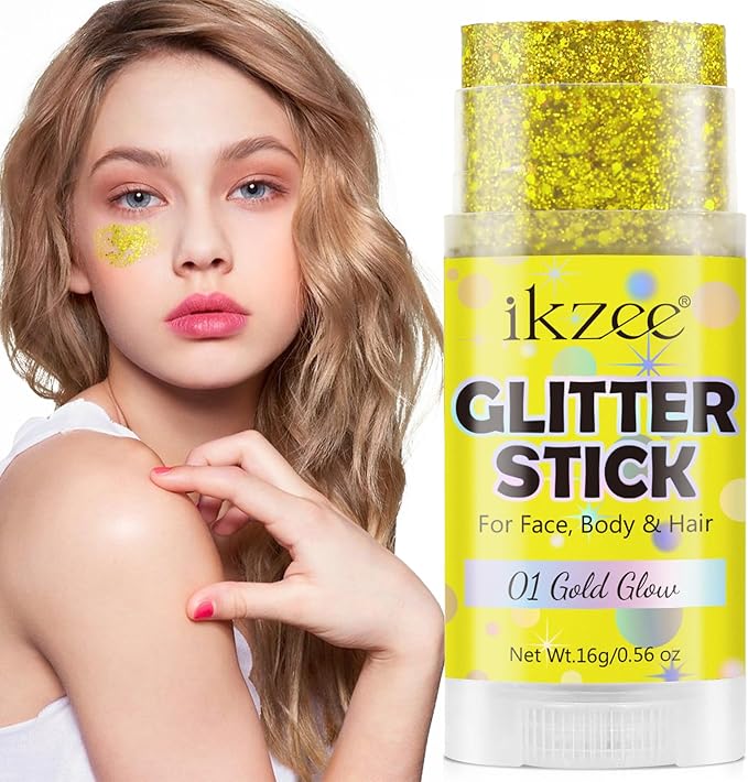 Gold Body Glitter Stick, Face Hair Glitter Makeup, Yellow Chunky Sequins for Carnival & Concerts, Waterproof Shimmer Body Paint for Adults, Women & Kids Rave Accessories, Hair Glitter Gel, 0.56oz