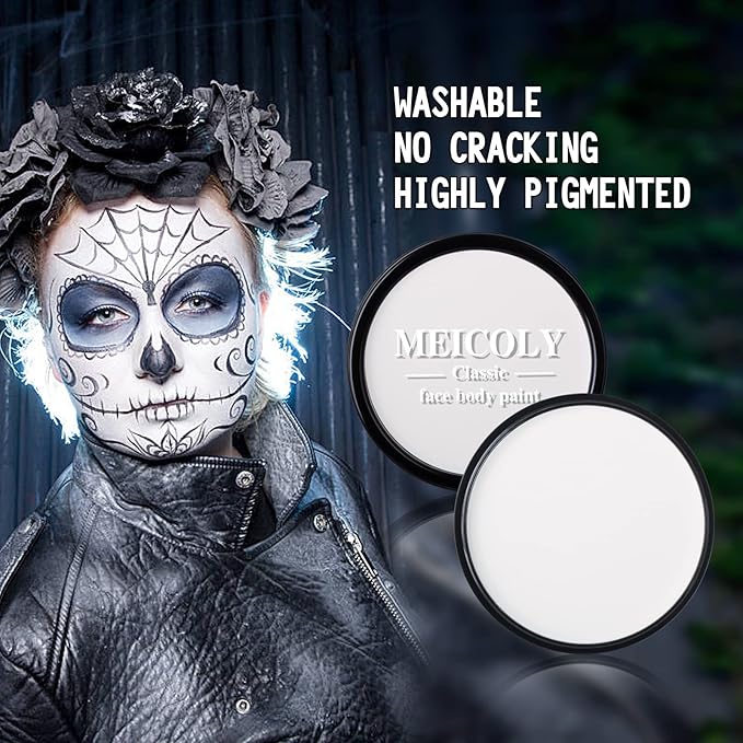 MEICOLY White Face Body Paint - 30g/1.05oz Washable Water Based Full Body Paint for Adults and Kids - Halloween Foundation SFX Joker Zombie Vampire Skeleton