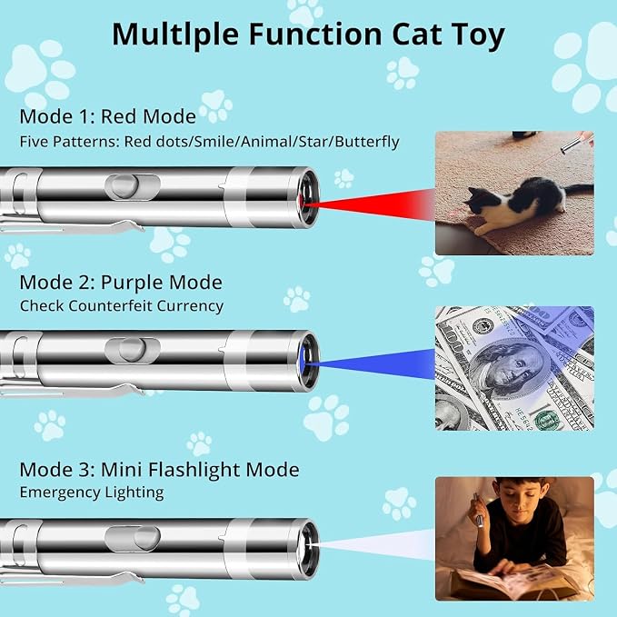 Waputne Cat Toy, USB Rechargeable, 3 Light Modes, 5 Fun Patterns, Indoor | Interactive Chase Toy; Automatic Training & Exercise Fun; Kitten Toy for Indoor Cats & Dogs