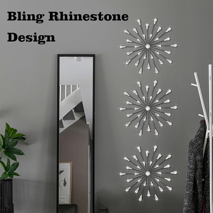 ZEXUIRU 3 Set Black Starburst Wall Art for Home Decor Metal Bling Crystal Rhinestones Sunburst Wall Decor Sparkling Rhinestone Art Accent Black - 18in