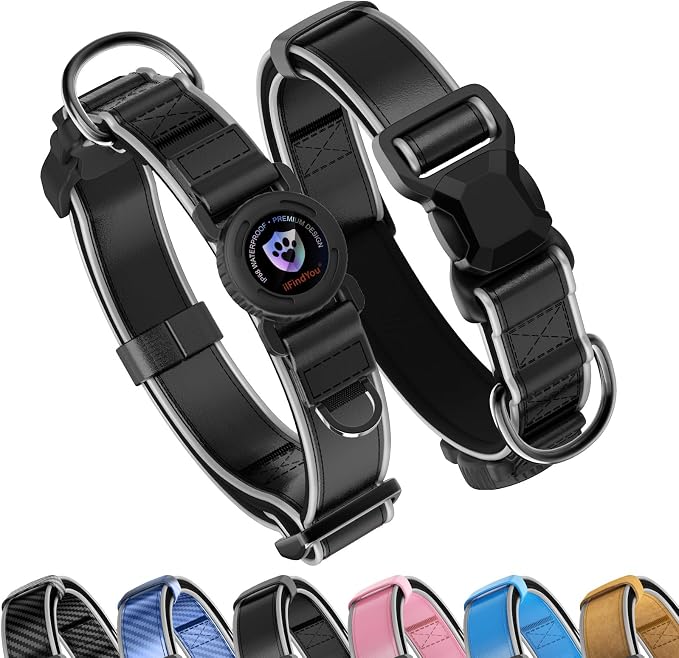 Leather AirTag Dog Collar, Magnetic Buckle, Reflective, Black L