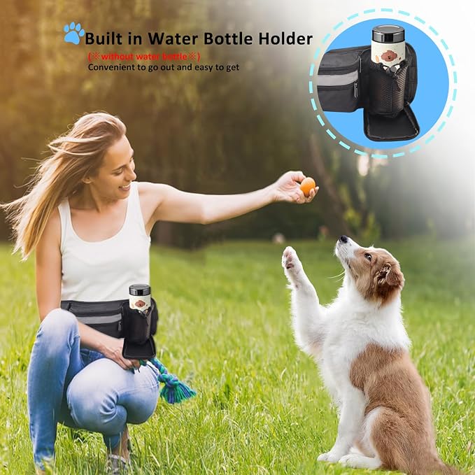 Dog Treat Pouch for Leash Waist Belt Bag, Premium Dog Treat Bag for Dogs Training Puppy Walking Fanny Pack with Divider Zipper Carrier Pocket, Water Bottle Holder, Silicone Insert,Clip,Black
