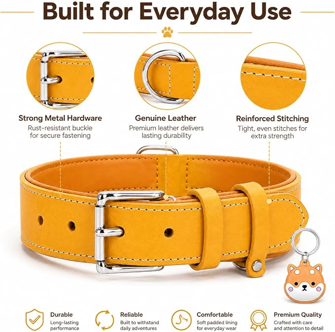 Genuine Leather Dog Collar, Soft Padded Leather Dog Collars with Airtag Holder Case for Small Medium Large X-Large Dogs,Comfort Heavy Duty Pet Collar with Durable Metal Buckle & D-Ring-Light Yellow/XL