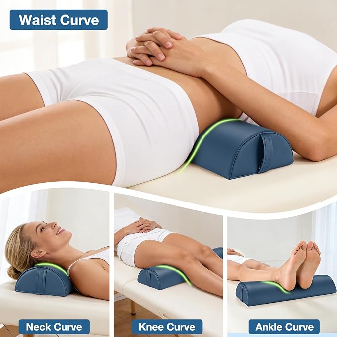 Semi-Round Massage Bolster, 21 x 6 x 3 in PU Leather Half Moon Lower Back Support Pillow Comfort Cushion for Massage Table, Positioning Bolster Neck Pad for Ankle Leg Pain Relief Side Sleeper - Blue