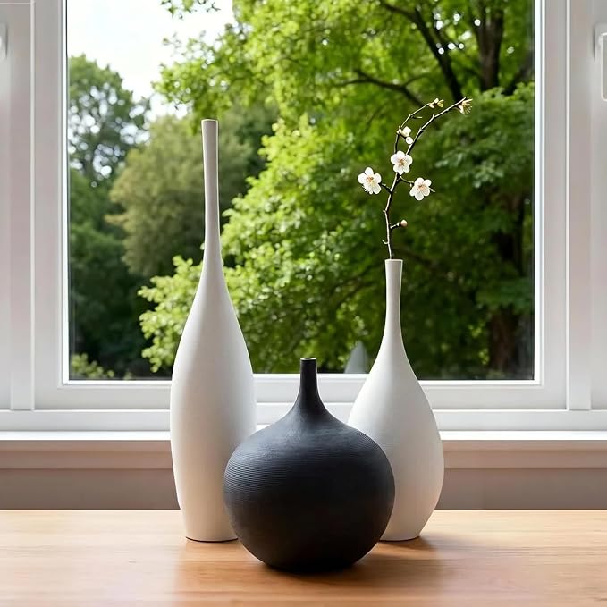 Relexome White Ceramic Vase Modern Wabi-Sabi Black Flower Vase Set of 3 Decorative Aesthetic Vases for Centerpieces Pampas Matte Minimalist Vases for Living Room Table Shelf Home Decor Gift