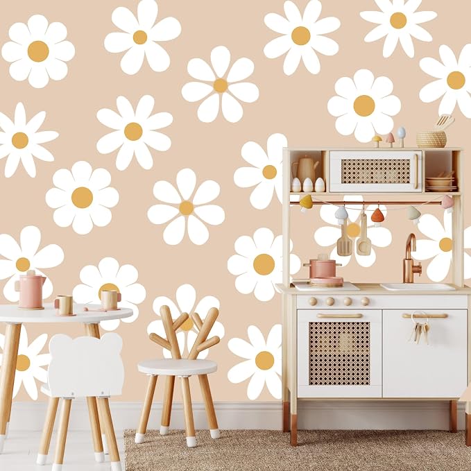 TaoBary 12 Sheet Daisy Wall Sticker Decal,White, Yellow,Novelty Style | Big Flower Wall Sticker, Pink White Floral Decal, Daisy Bedroom Room Decor, Removable Peel and Stick, Nursery Home Wall Decor