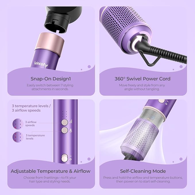 Vincofy 7 in 1 Blow Dryer Brush Set – Hot Air Styler for Fast Drying, Curling, Straightening & Volumizing – Ionic Hair Dryer Brush with 1200W Power – No Heat Damage for All Hair Types – Lilac