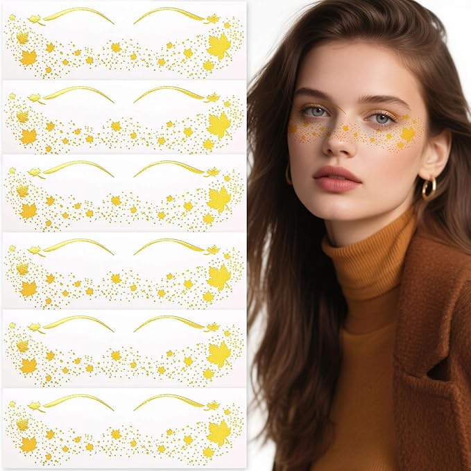 Maple Leaf Freckle Temporary Tattoos - Gold Glitter Face & Body Stickers for Women, Girls, Canadian Party Festival Makeup, Fall Autumn Thanksgiving Decoration Supplies (8 Sheets)