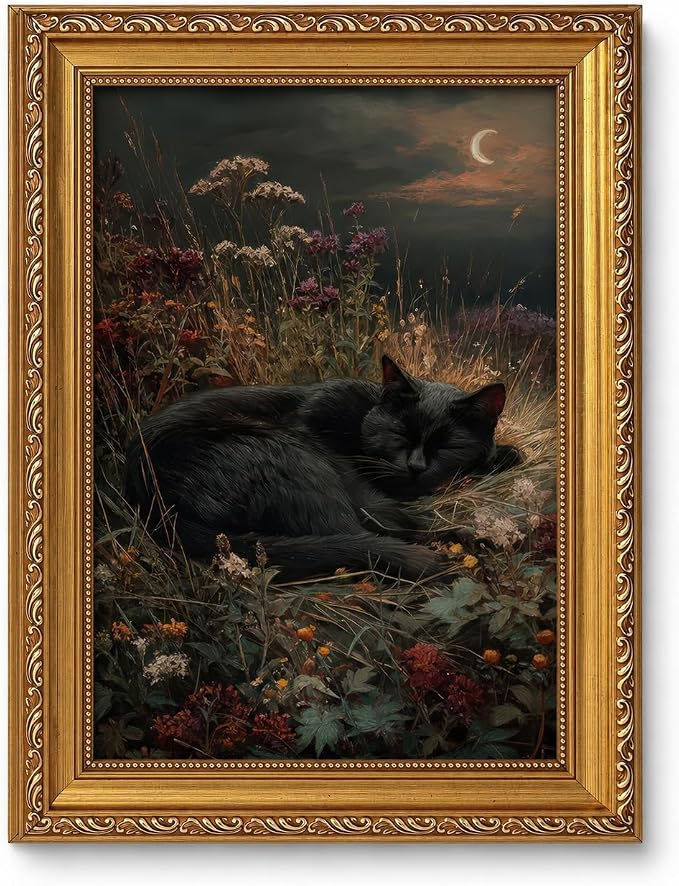 Framed Black Cat Canvas Wall Art,Vintage Animal Picture Wall Decor11x9in | Gothic Botanical Cottagecore Cat Art,Dark Academia For Bedroom, Living Room, Office Or Gallery Wall