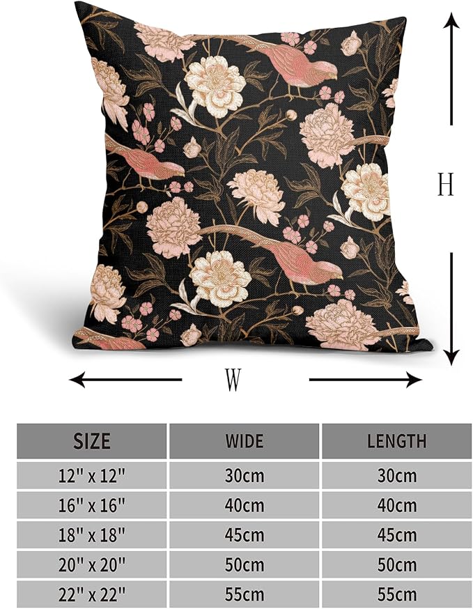 Pink White Roses Floral Pillow Covers 18X18 Inch Set of 2 Retro Flowers Birds Gold Leaf Decorative Pillow Cases Art Vintage Black Cotton Linen Cushion Case Home Decor For Sofa Couch Porch Outdoor