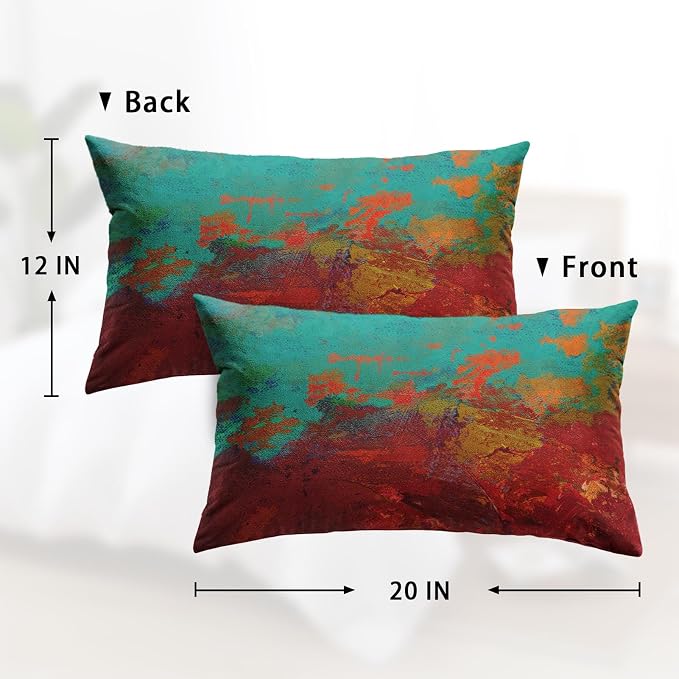 Throw Pillow Covers Set of 2, 12 x 20 Inch, Turquoise Burnt Orange | Abstract Modern Art Outdoor Decorative Square Pillow Cases Couch Cushion Case for Couch Bed Sofa Living Room Home Decor