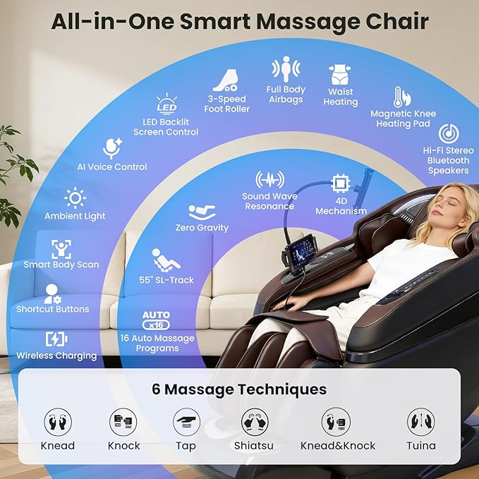 4D Music Rhythm Massage Chair Full Body Recliner, 2025 Unique Sonic Resonance Zero Gravity SL-Track Shiatsu with Knee Heating Blanket AI Voice Bluetooth Foot Roller Body Scan Airbags G9 Black