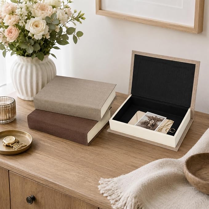 DECOR4SEASON Modern Linen and Wood Decorative Faux Book Boxes Set of 3, 10" | Stackable Storage Boxes for Shelves, Coffee Table, and Office Organization (Earth Tones)