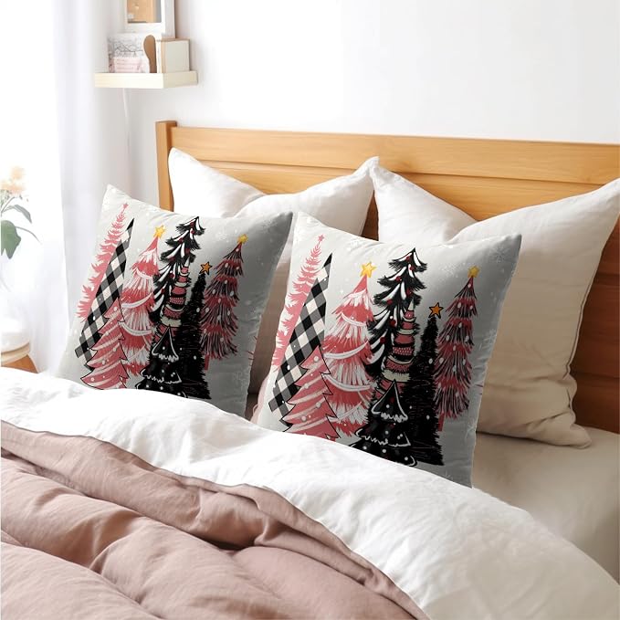 Kawani Christmas Tree Throw Pillow Covers 20x20 Inch Set of 2, Xmas Farmhouse Pink Black Buffalo Plaid Square Cotton Linen Cushion Covers for Home Sofa Bed Couch Winter House Decor