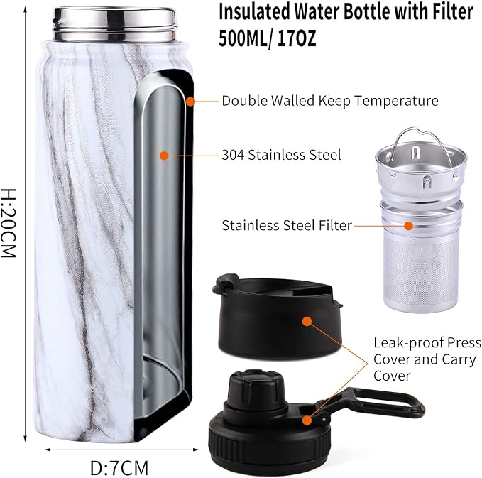 Tea Infuser Bottle With Removable Loose Leaf 18/8 Stainless Steel Insulated Travel Tea Strainer Tumbler tea drinkers gifts for women(White Marble)