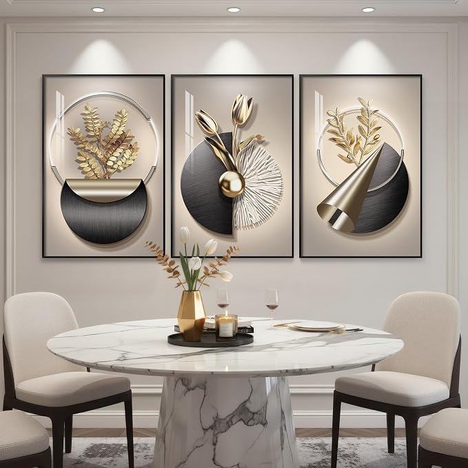 Large Framed Modern Elegant Wall Art for Living Room, 3 Piece 24x36 In | Black gold flower pictures, Crystal coating wall art set, Luxury prints paintings for bedroom dining room hallway office