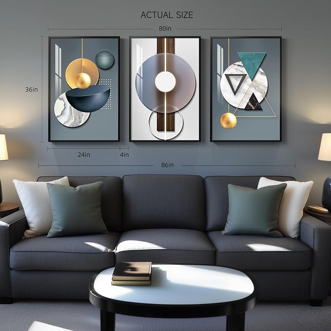 Large Framed Modern Luxury Wall Art for Living Room, 3 Piece Abstract Blue Green Paintings Wall Decor, Bright Style Geometry Prints Artwork with Black Frame for Office 24x36 Inch