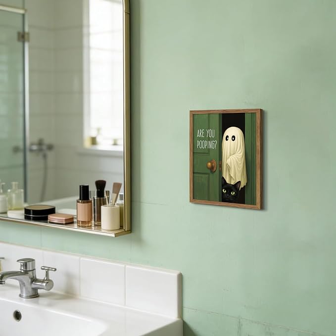 Funny Ghost Cat Halloween Bathroom Wall Art, Cute Ghost Bathroom Halloween Wall Decor Are You Pooping Picture, Vintage Framed Canvas Prints Funny Artwork for Restroom 8x10in Wood Frame