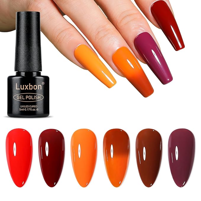 Luxbon 6 pcs Gel Nail Polish Set - Fall Color Set Long Lasting Autumn Gel Polish, uv led Soak Off Nail Art Designs Manicure Kit 028