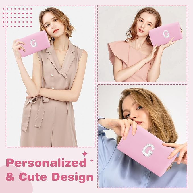 ChaoGreat Bride Gifts – Personalized Initial Makeup Bag with Pearl Rhinestone Patch, Preppy Pink Monogram Cosmetic/Toiletry Pouch, bridesmaid Gifts, Bridal Shower Gifts, Wedding Gifts, Bridal Gifts,G