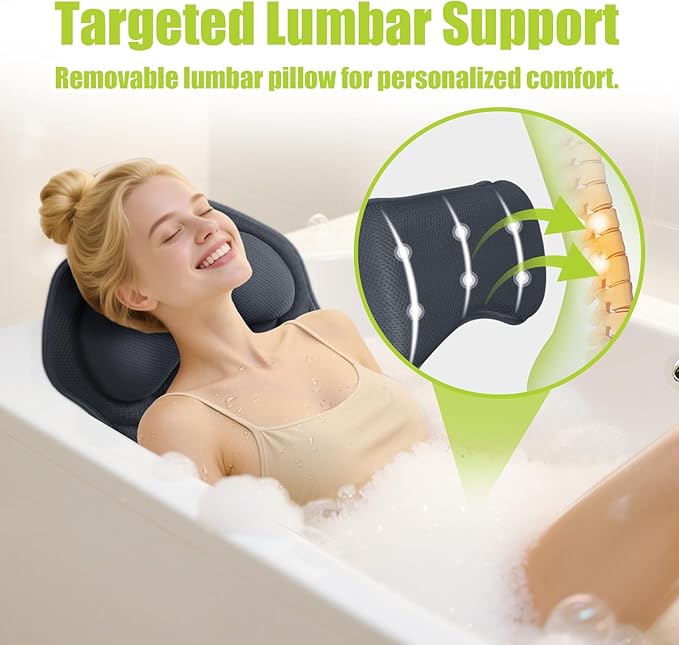 Bathland Full Body Bath Pillow for Tub - Extra Long & Thick Tub Pillow with Head, Back & Lumbar Support, 168 Non-Slip Suction Cups, Soft 5D Mesh Spa Cushion, Fits All Tubs-Gift for Soaking(Gray)
