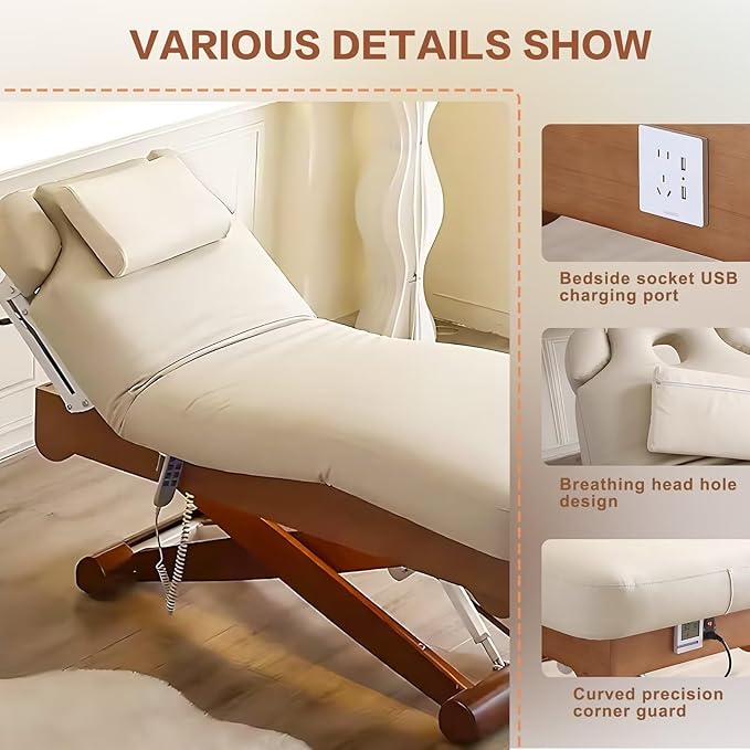 Electric Treatment Massage Table with Wooden Cross Base Design,Beauty Spa Bed Includes One-Button Lifting Function,Heating Design for Beauty Salon,Massage Shop(Wood Color)